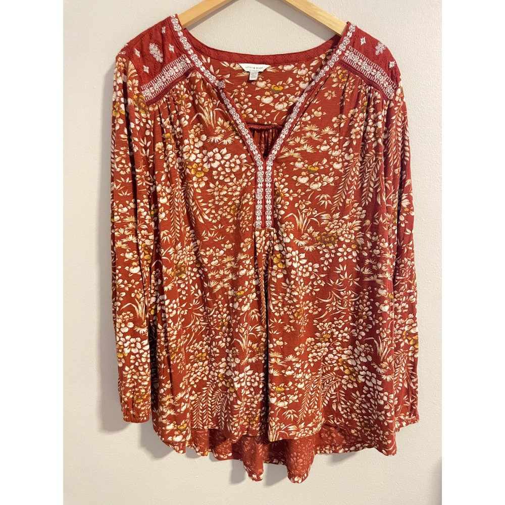 Lucky Floral Embroidered Peasant Tunic Blouse 3X Yoke Long Sleeve Rust Boho Glam